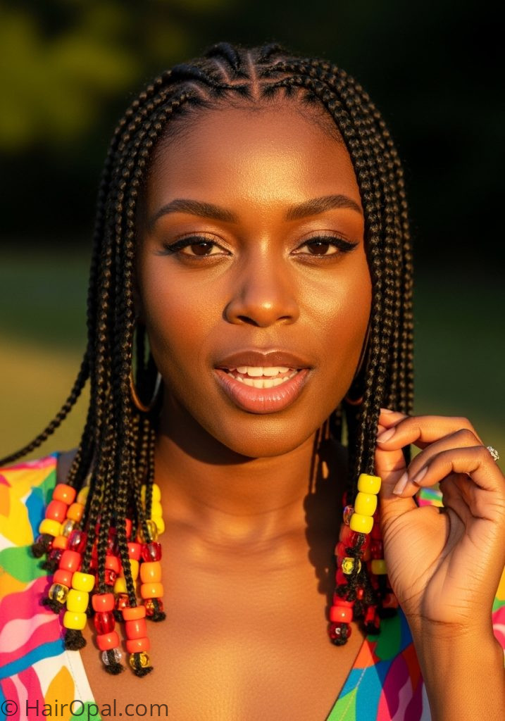 Black woman with cornrow braids summer beads summer hairstyles for black women braids easy 2025