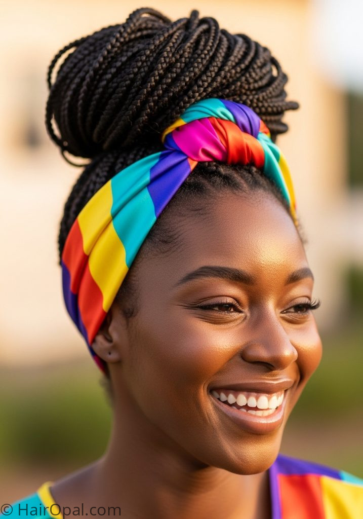 Black woman with protective bun scarf summer summer hairstyles for black women easy short