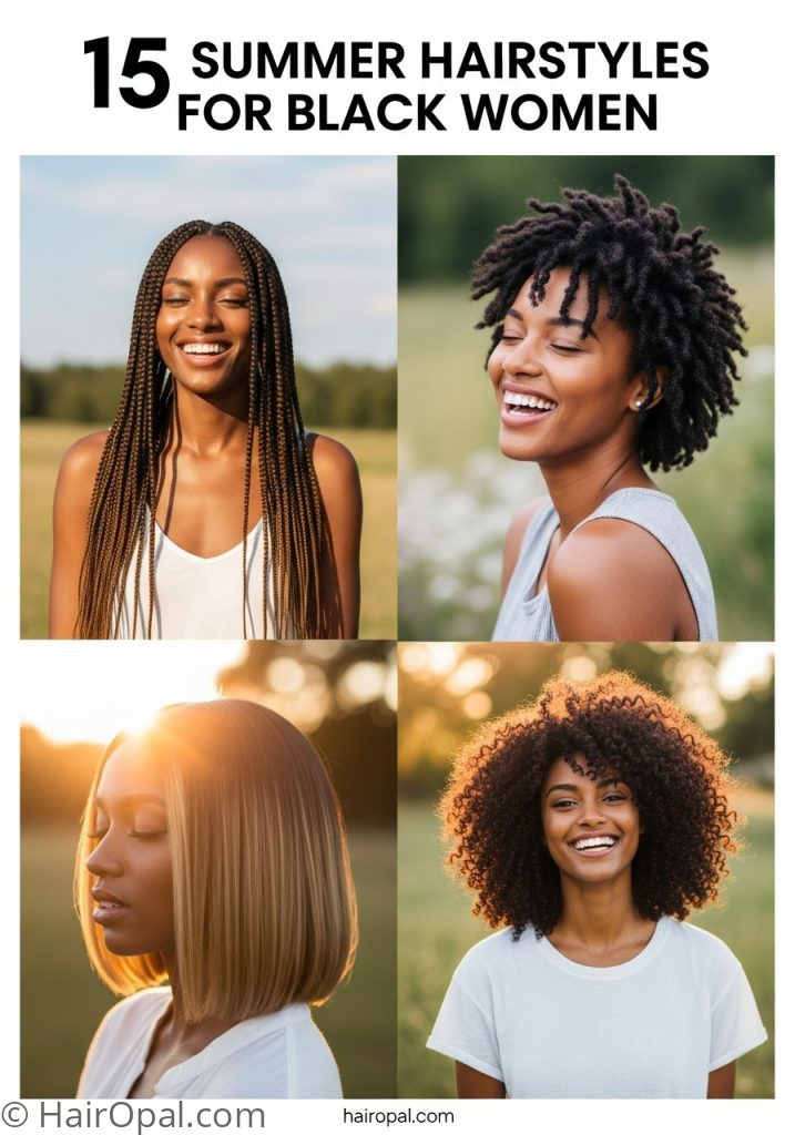 Collage of four summer hairstyles for black women with text 15 summer hairstyles for black women