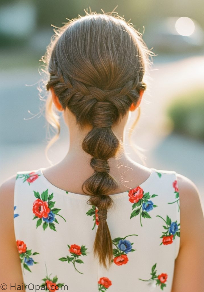 Woman with low braided ponytail summer hairstyles for medium hair