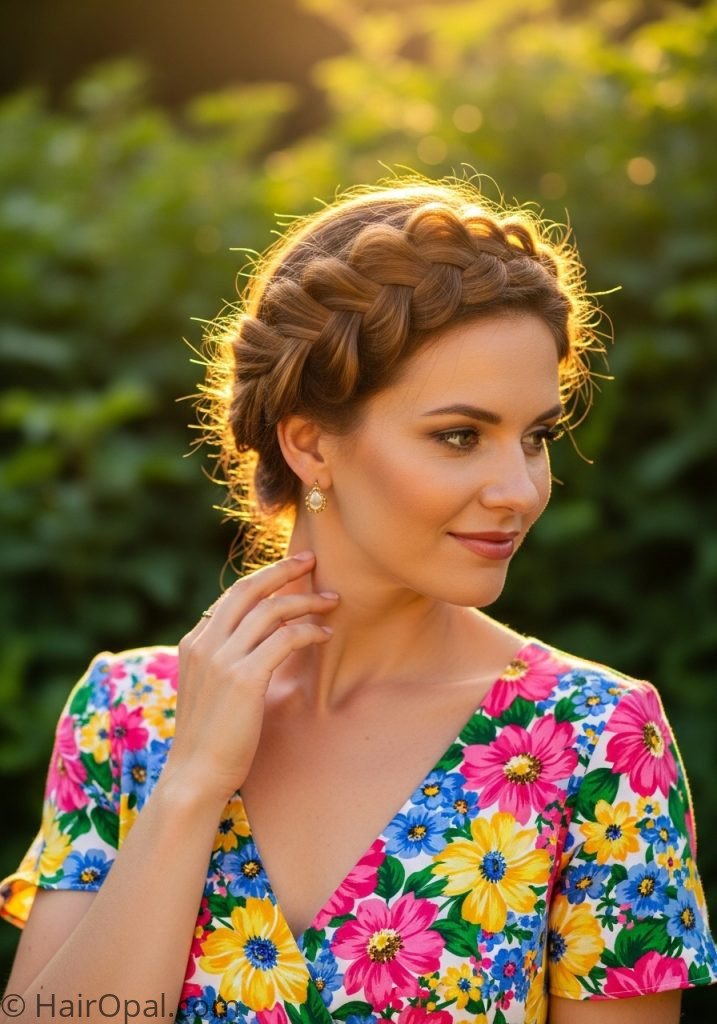 Woman with French braid crown summer hairstyles for medium hair braids