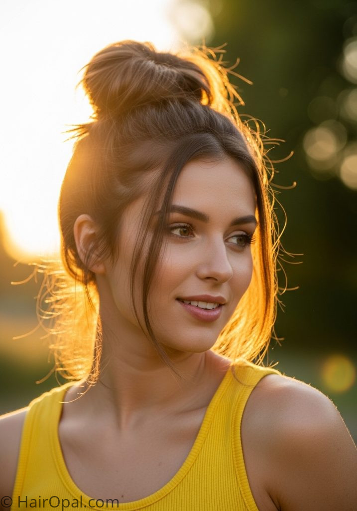 Woman with high messy bun summer hairstyle easy