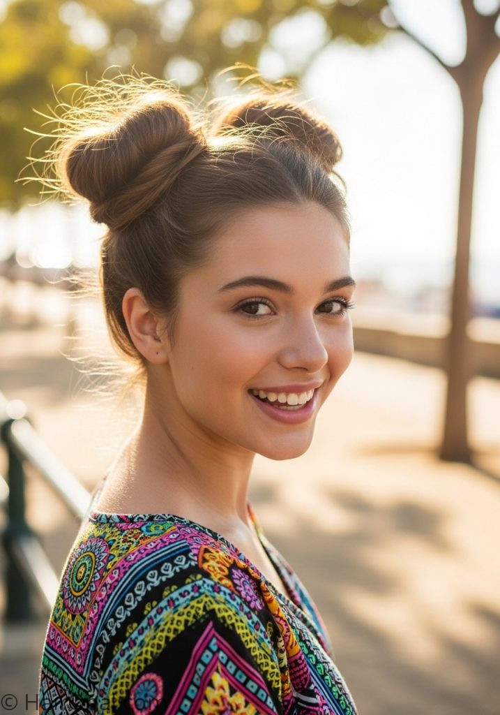 Teen girl with space buns summer hairstyles for school