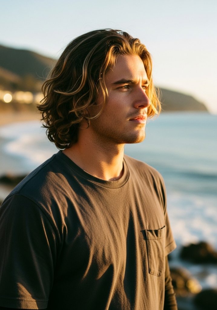 Man with long surfer gents long hair style, tousled wavy hair with natural highlights 2026