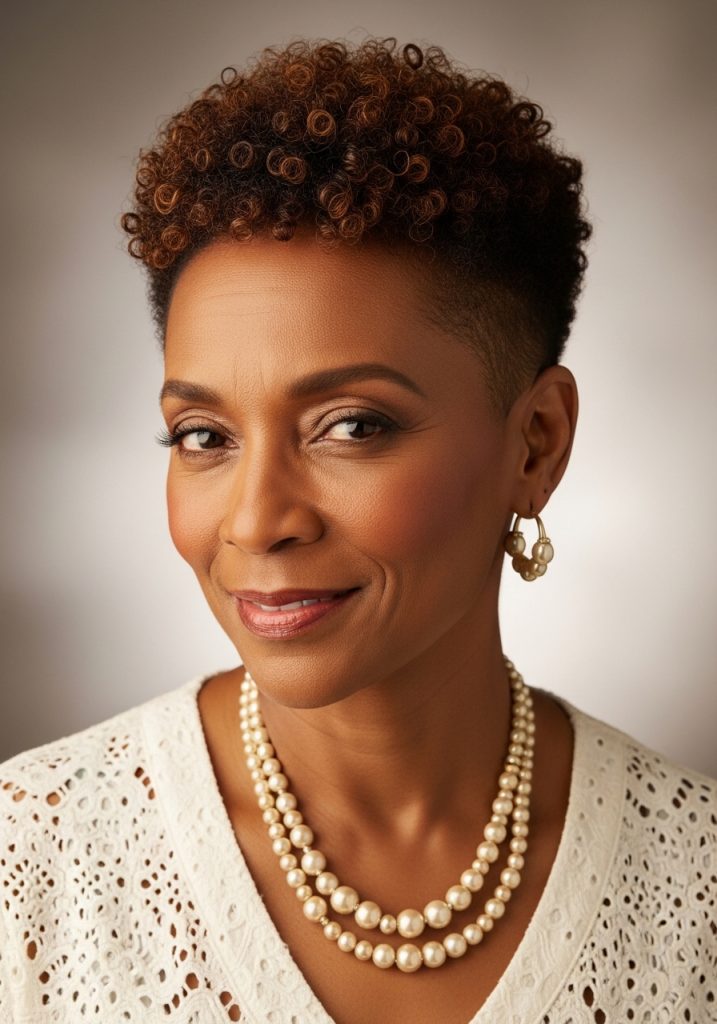 Older woman with tapered curly pixie short haircut, beautiful natural curls with clean sides