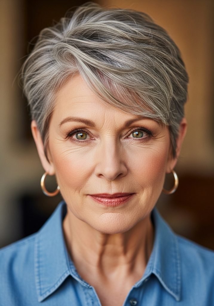 Older woman with textured crop short haircut for thin hair, volume and style