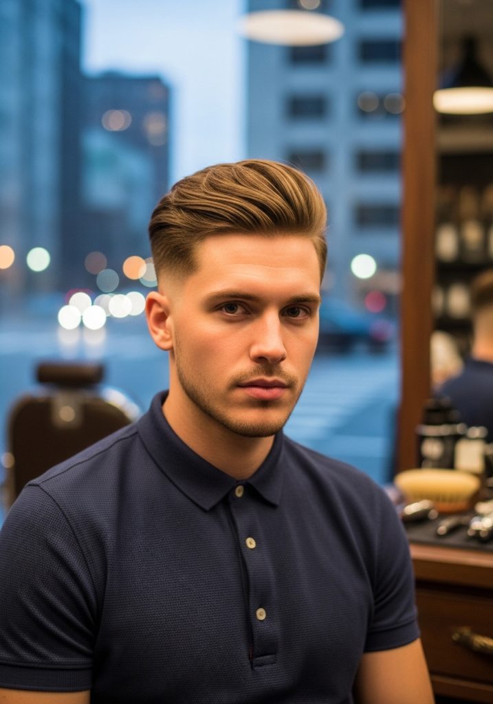 Man with textured long hair fade gents long hair style, contemporary barbershop look 2026