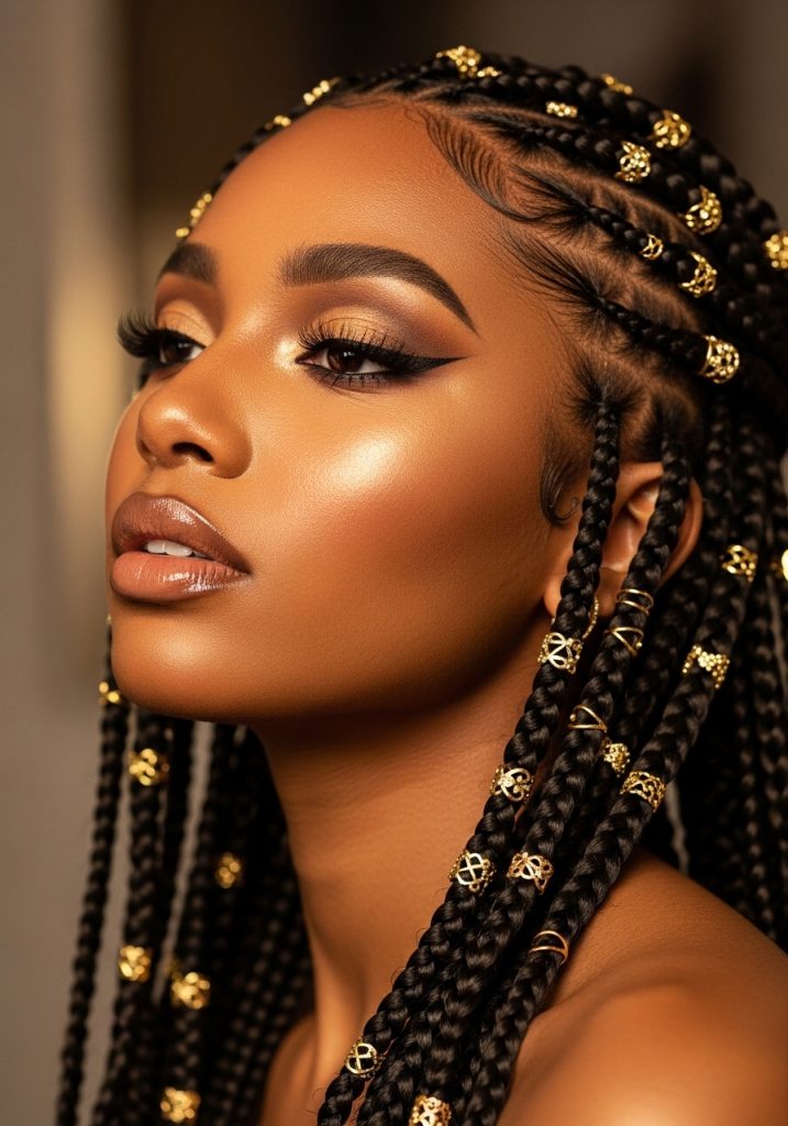 Woman with thick cornrow hairstyles on natural hair with gold cuffs, glamorous look