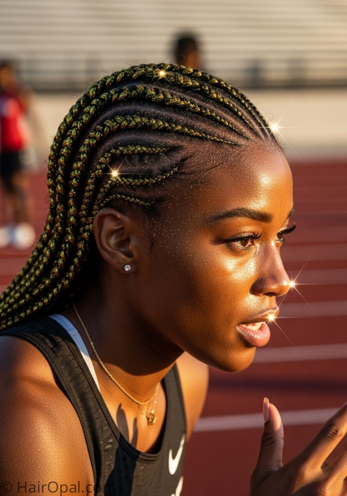 Black young woman with glitter braids track meet hairstyles with glitter black women braids