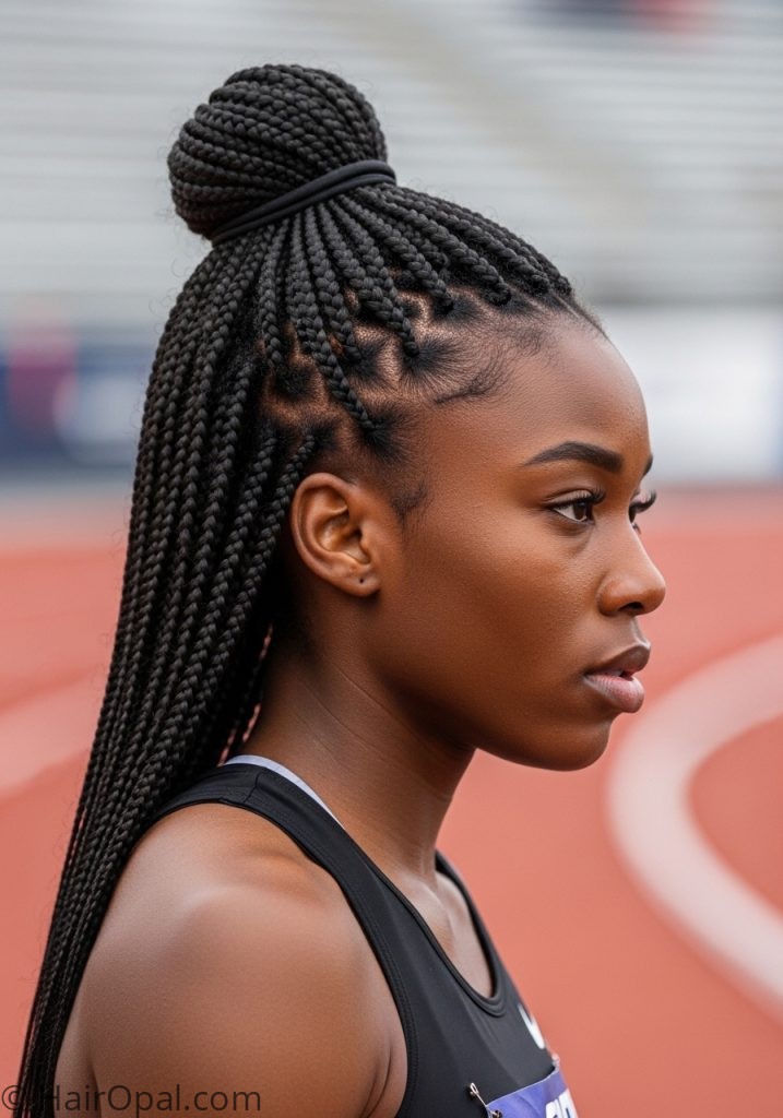 Black young woman with box braids pulled back track meet hairstyles black women braids long