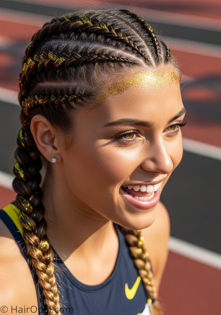 Young woman with glitter braids track meet hairstyles with glitter braids black
