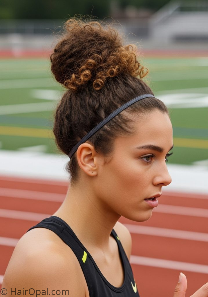 Young woman with curly half up bun headband track meet hairstyles curly hair medium easy