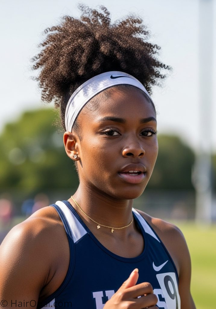 Black young woman with natural puff headband track meet hairstyles black women curly hair easy