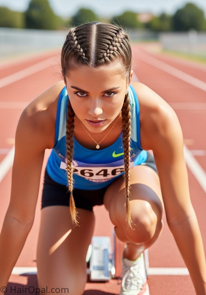 Young woman with Dutch braid pigtails track meet hairstyles braids easy long