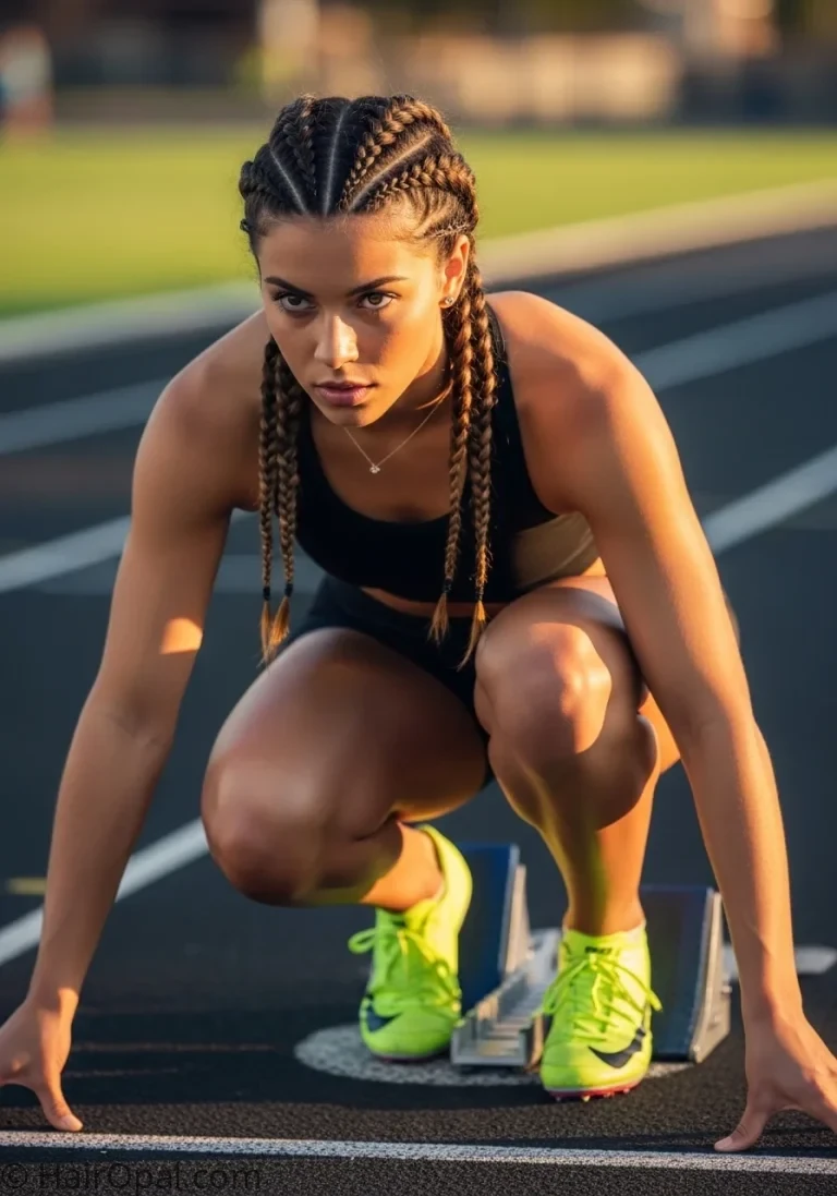 track meet hairstyles young woman with Dutch braid pigtails at starting line outdoor track