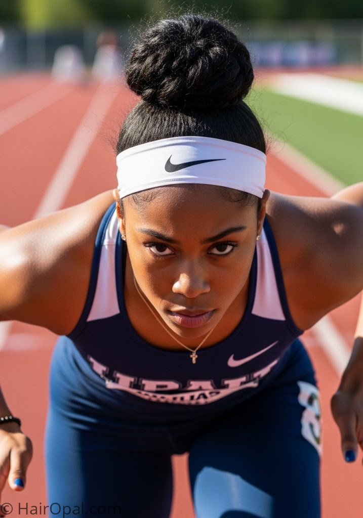 Young woman with high bun headband track meet hairstyles easy no braids