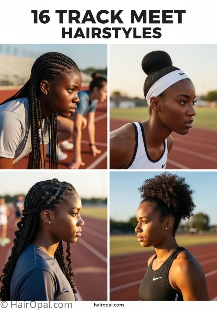 Collage of four track meet hairstyles athletes with text 16 track meet hairstyles