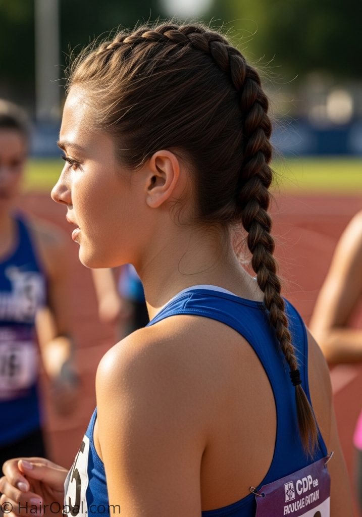 Young woman with single Dutch braid track meet hairstyles braids medium hair easy
