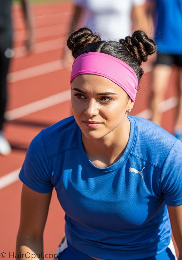 Young woman with space buns headband track meet hairstyles easy no braids medium
