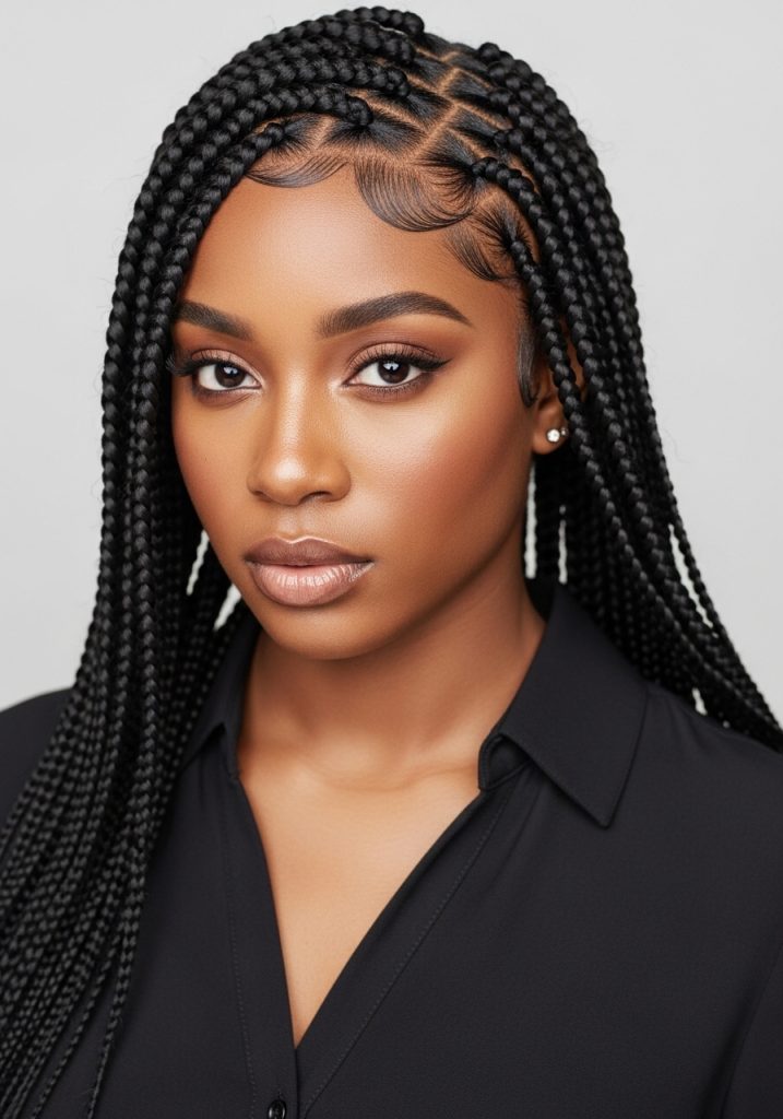  Woman with triangle part box braids hairstyle, geometric parting pattern 