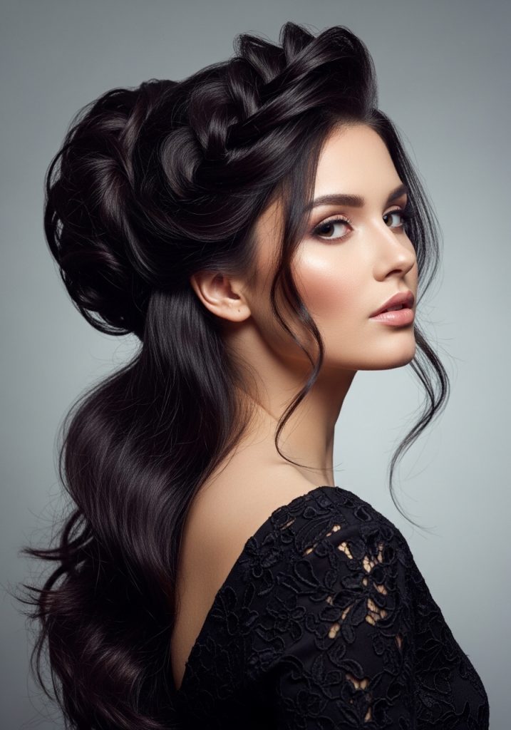 Woman with twisted rope updo hairstyle for long hair, intricate and elegant look