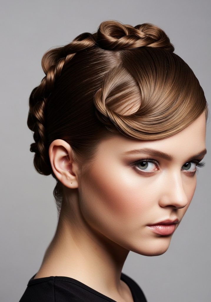 Woman with twisted updo hairstyle for short hair, creative and stylish look