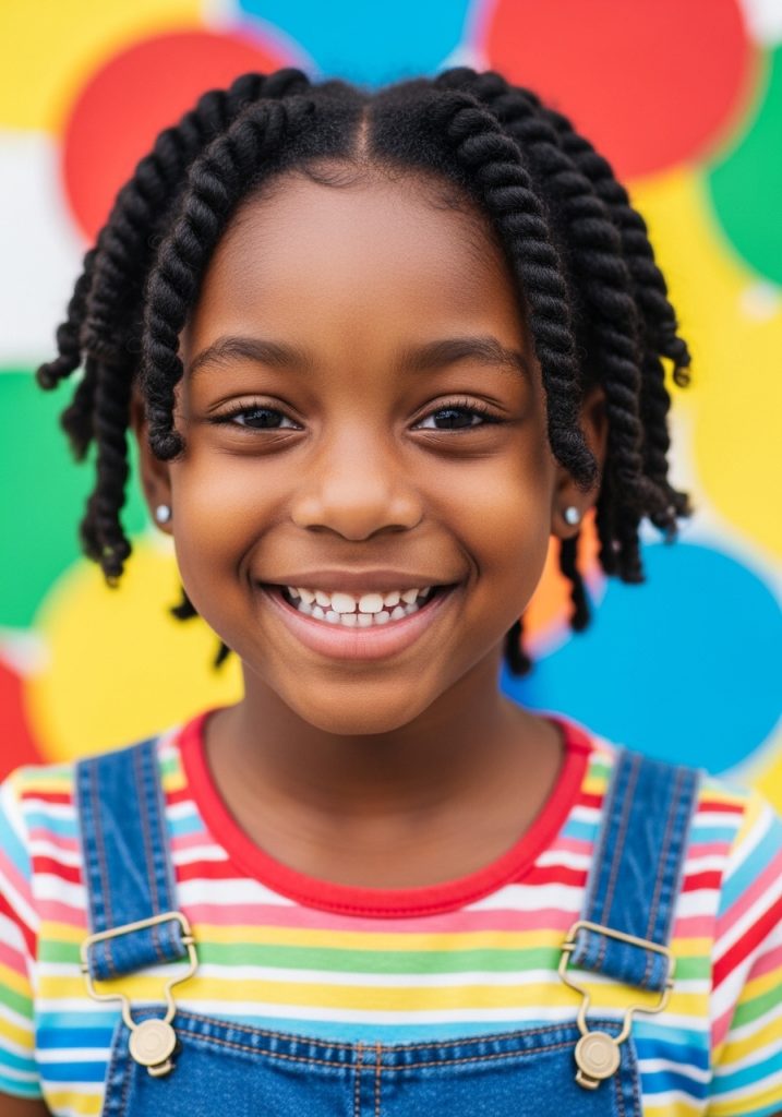 Young girl with two strand twists braids hairstyle, gentle protective style for kids 