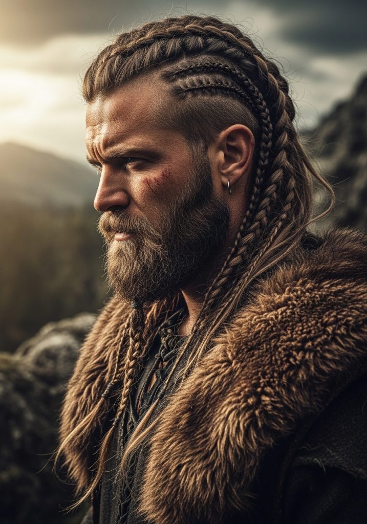Man with viking braided gents long hair style, fierce bold warrior look 2026