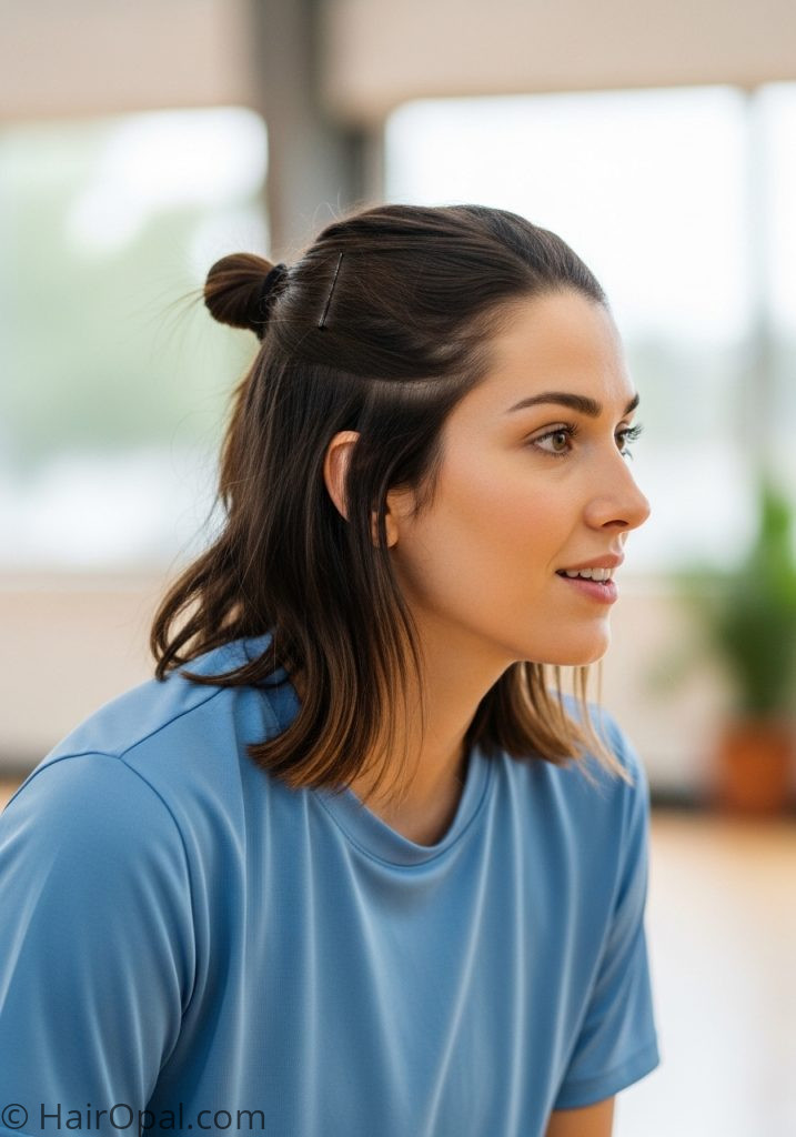 Half up twisted knot volleyball hairstyle for medium short hair