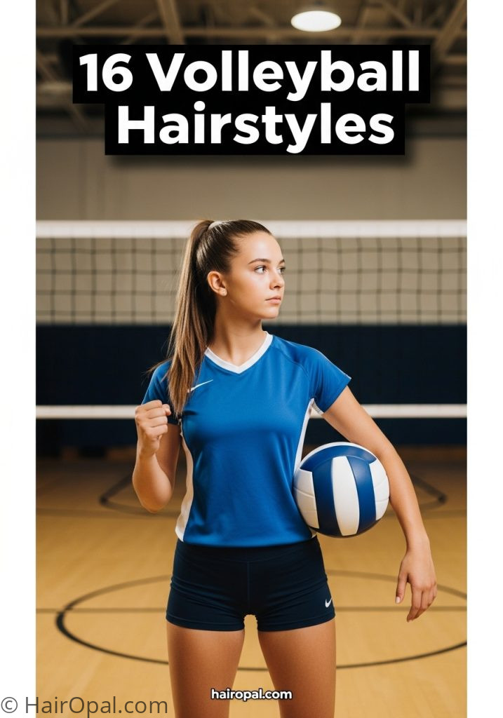 Volleyball player with ponytail hairstyle on court with text 16 volleyball hairstyles