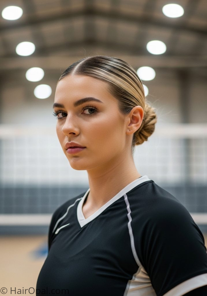 Sleek low bun volleyball hairstyle