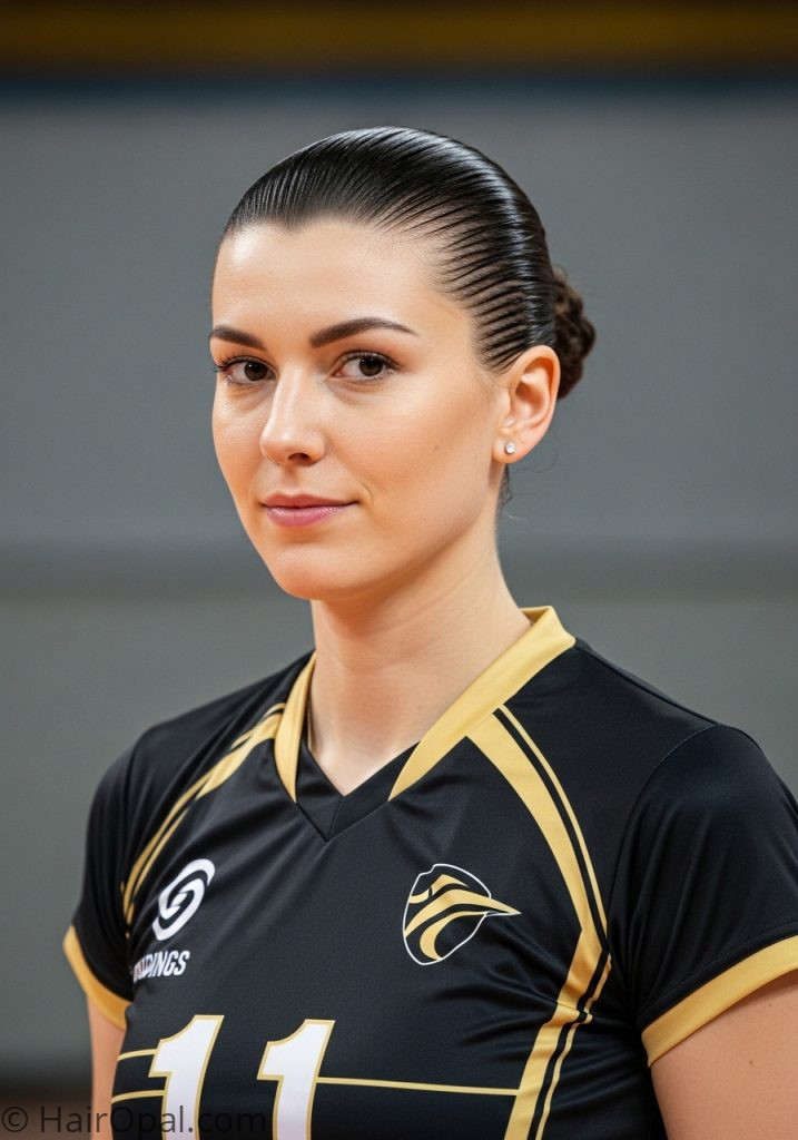 Slicked back bun volleyball hairstyle for short hair