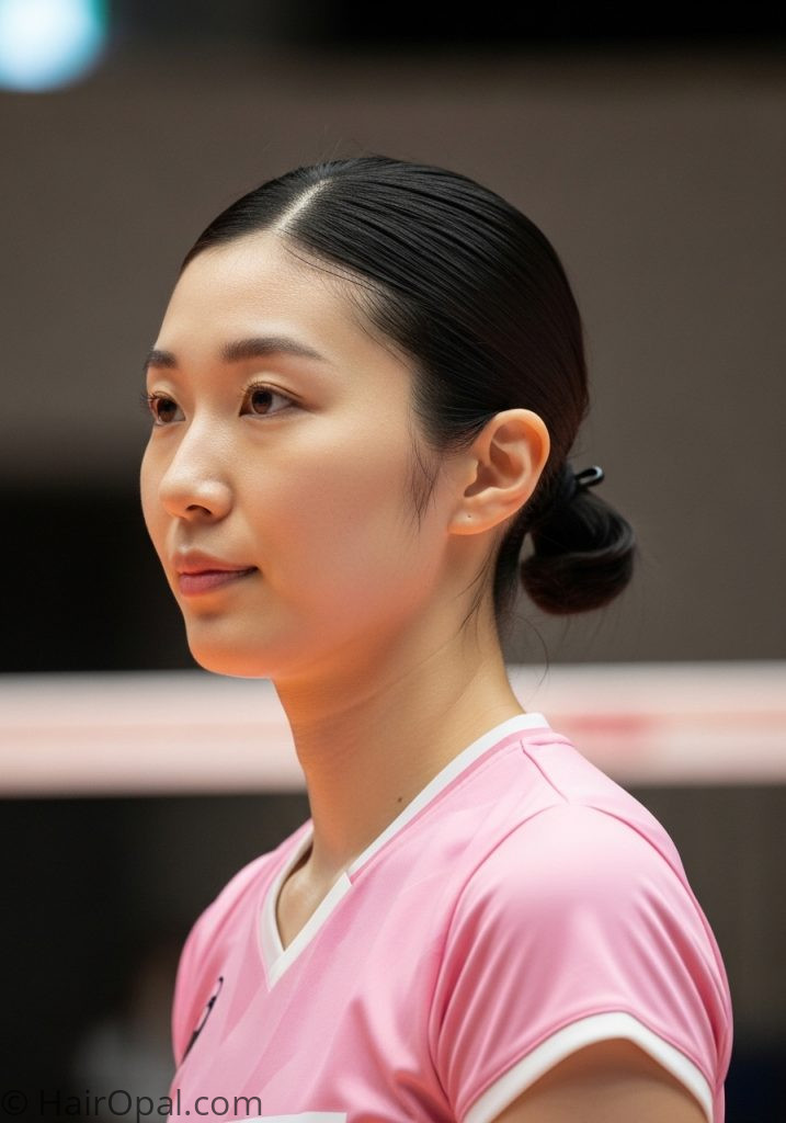 Simple low ponytail volleyball hairstyle for short hair