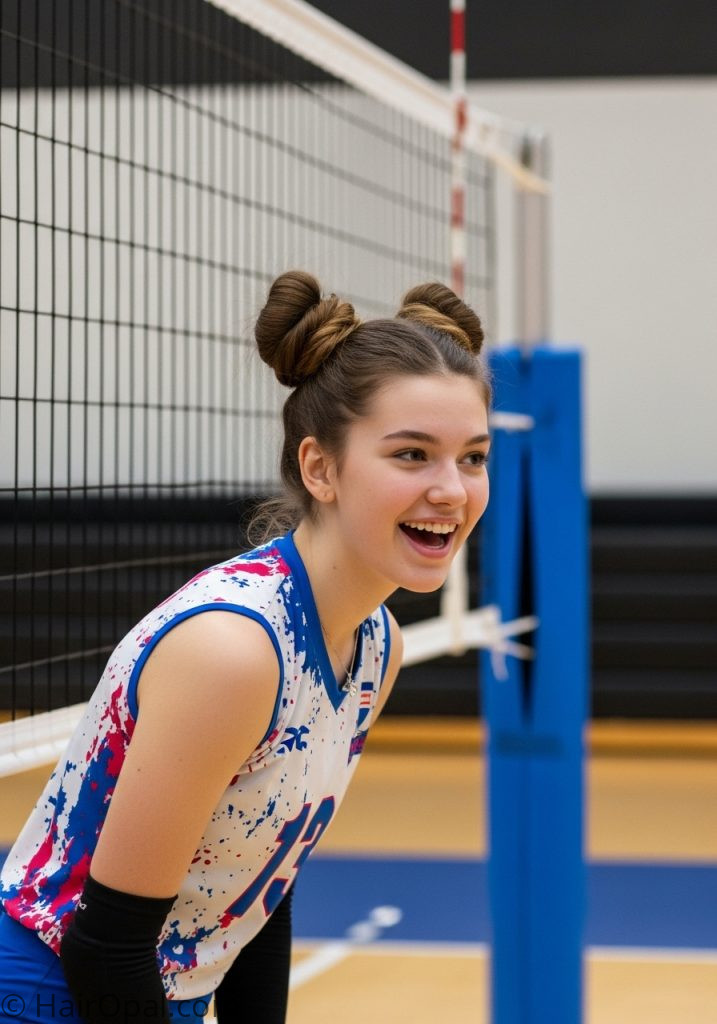 Space buns volleyball hairstyle for game day