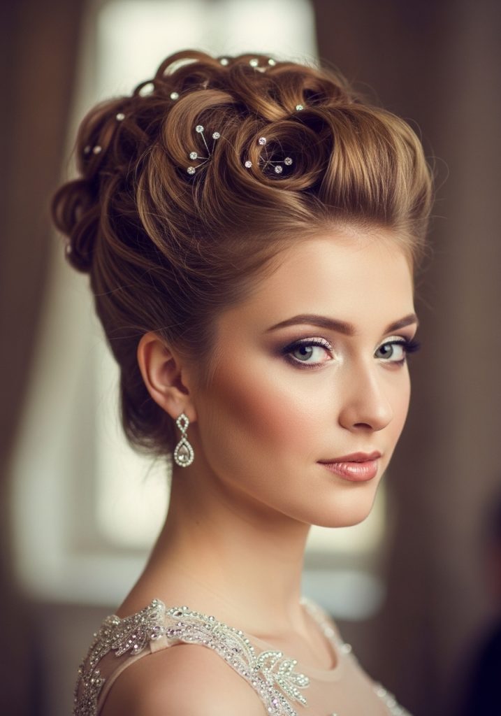 Young woman with voluminous high updo hairstyle for prom, glamorous and stunning look