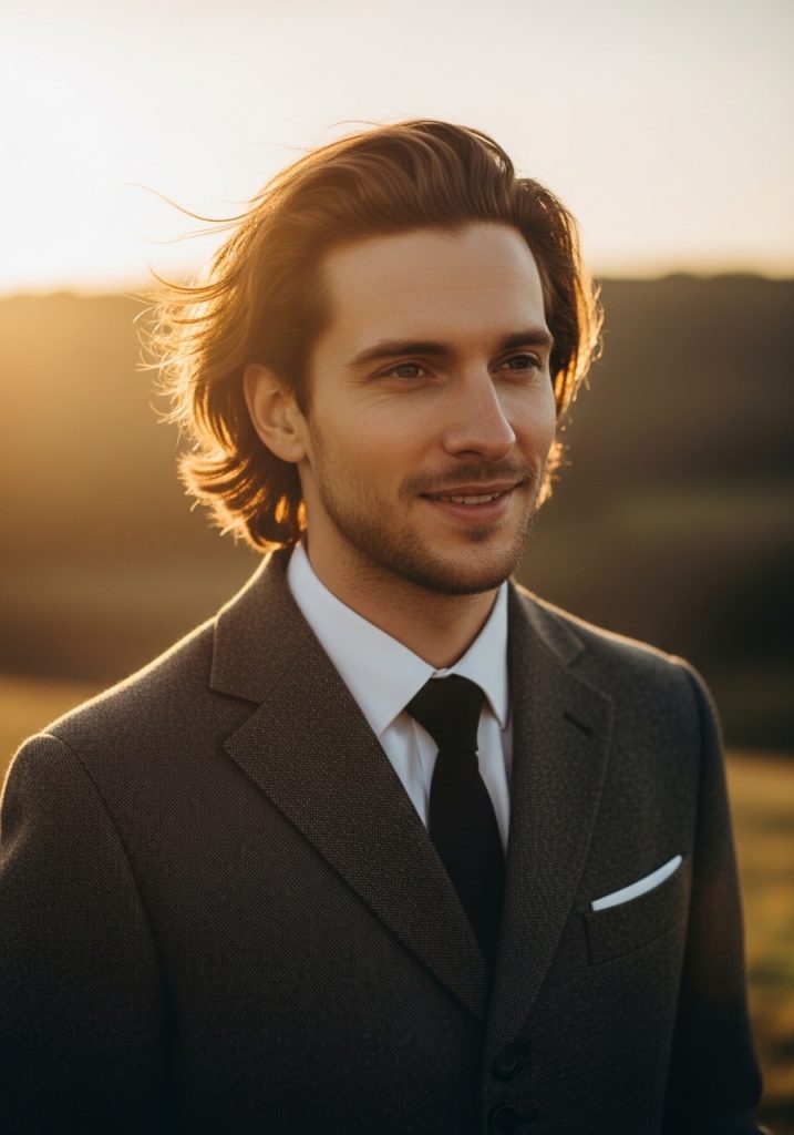  Man with windswept side parted gents long hair style, romantic cinematic look 2026