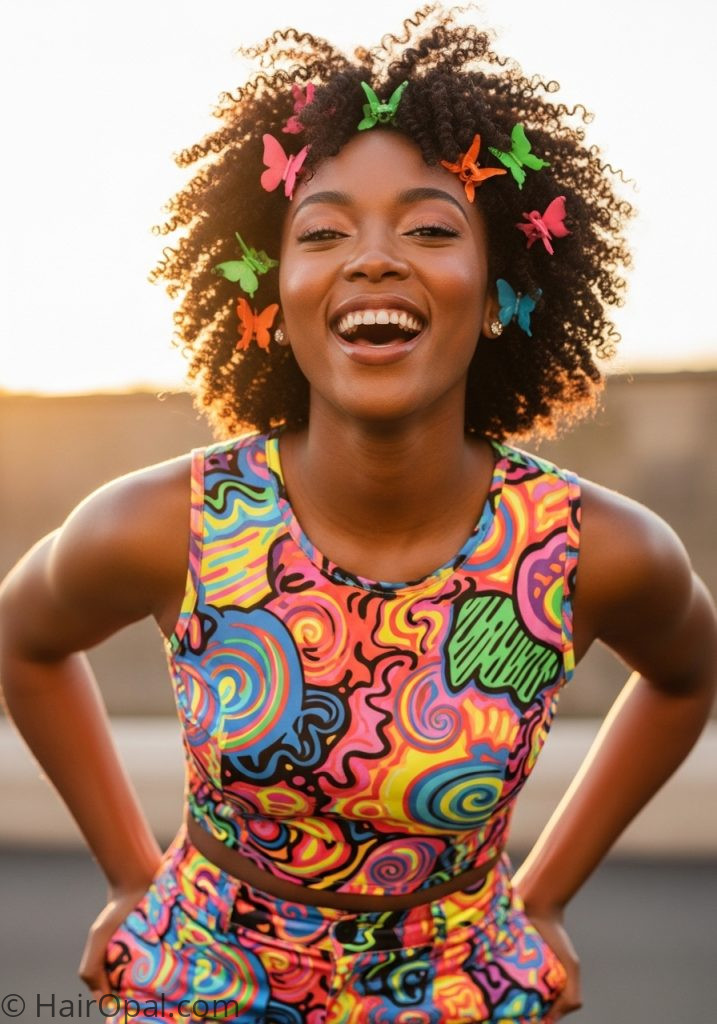 Black woman with 4c natural hair butterfly clips y2k black hairstyles 4c natural