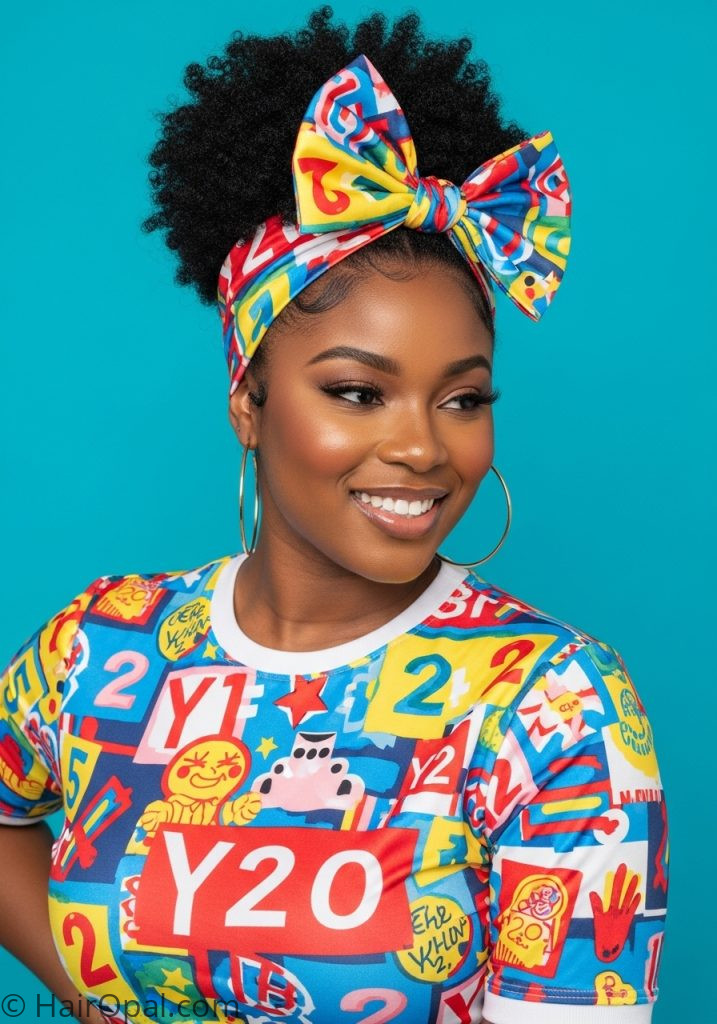 Black woman with 4c puff scarf headband y2k black hairstyles 4c natural