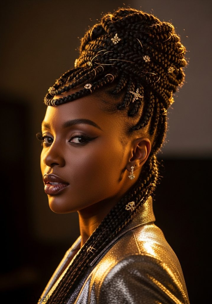 Black woman with braided updo jeweled accessories y2k black hairstyles braids natural