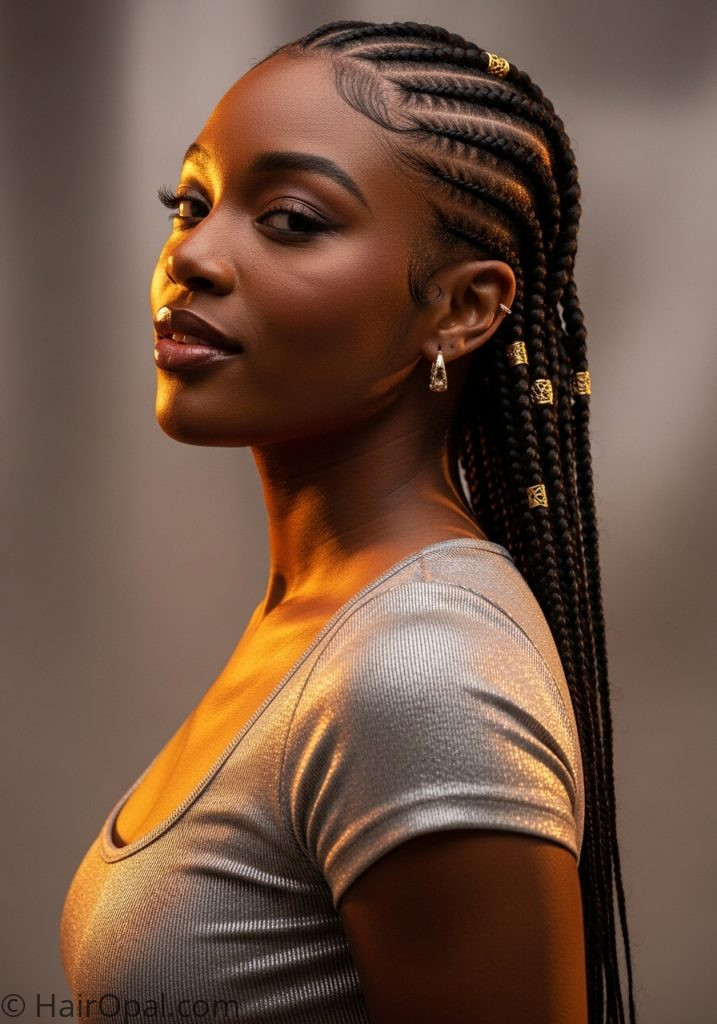 Black woman with cornrow designs gold cuffs y2k black hairstyles braids natural