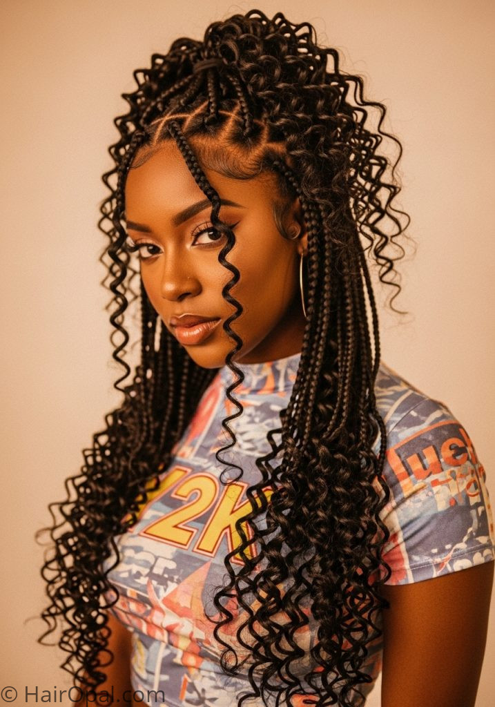 Black woman with curly braids half up y2k black hairstyles braids curly