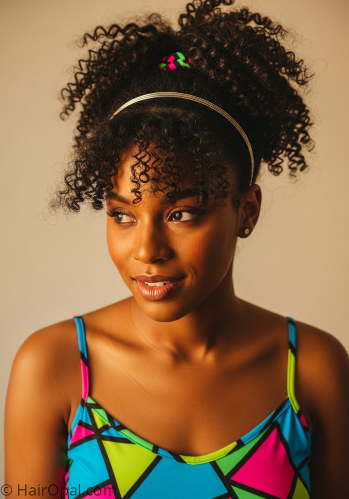 Black woman with curly half up thin headband y2k black hairstyles curly natural