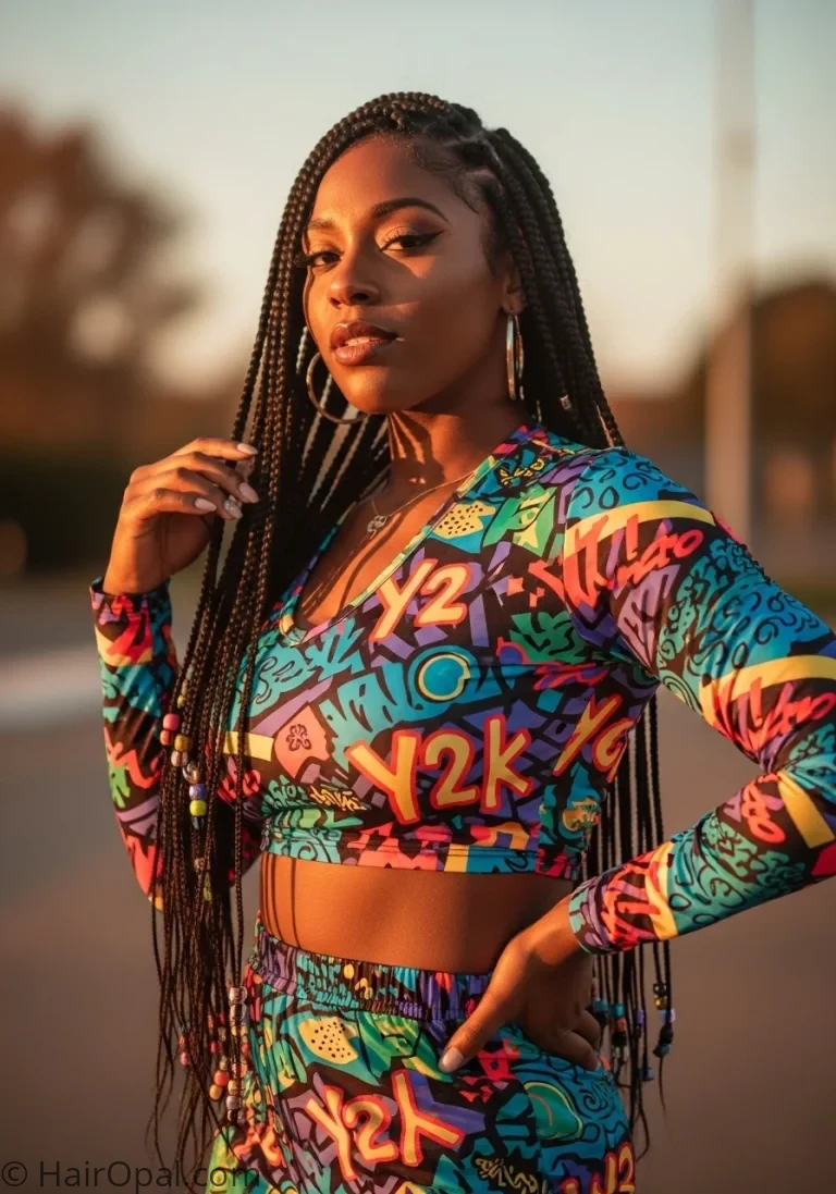 y2k black hairstyles Black woman with long box braids colorful beads 2000s style