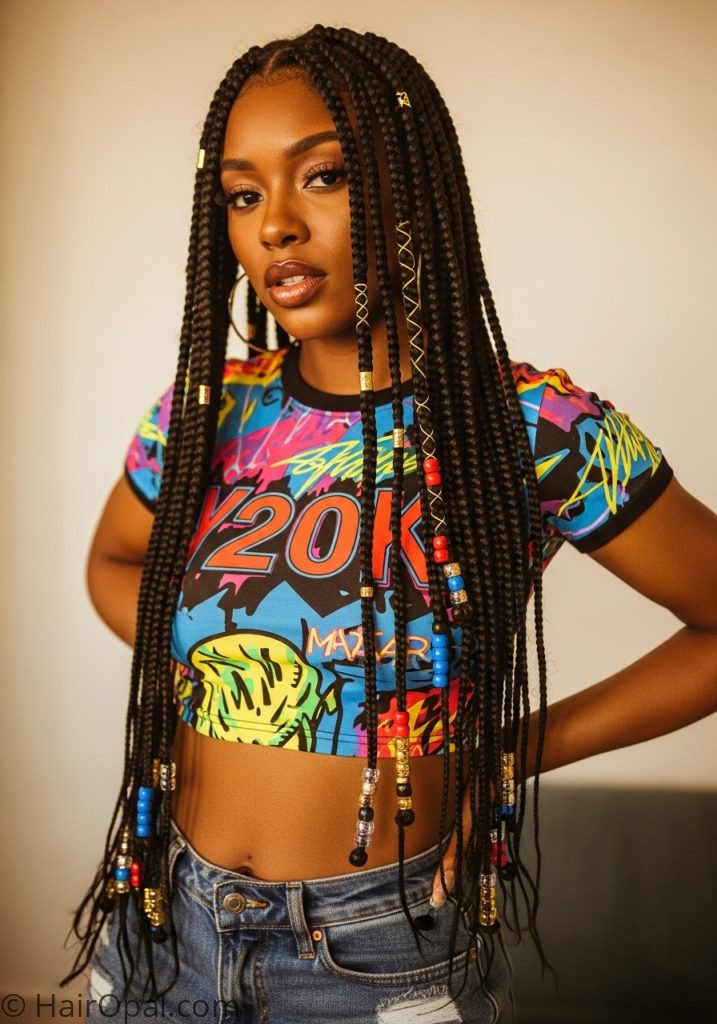Black woman with long box braids beads y2k black hairstyles braids long