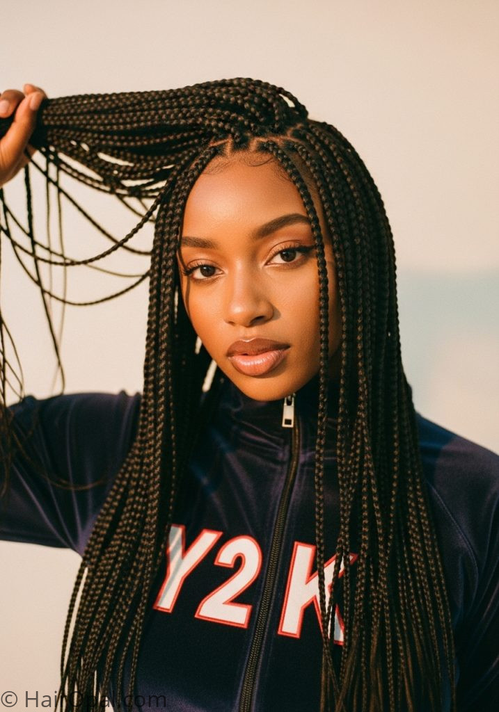 Black woman with Y2K braids beads hairstyle with text 18 Y2K black hairstyles