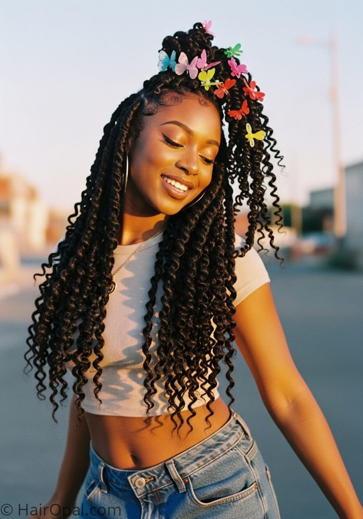 Black woman with twist out half up butterfly clips y2k black hairstyles natural curly