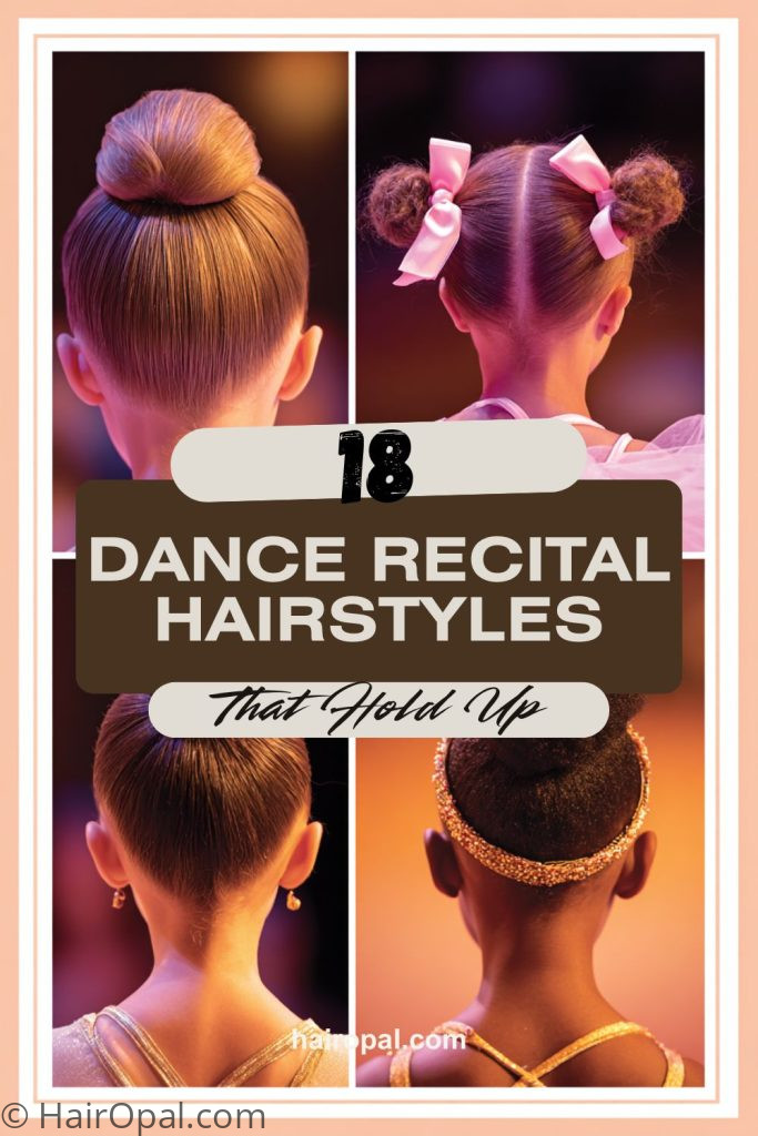 dance recital hairstyles collage — ballerina bun, pigtail buns, high ponytail, natural puff