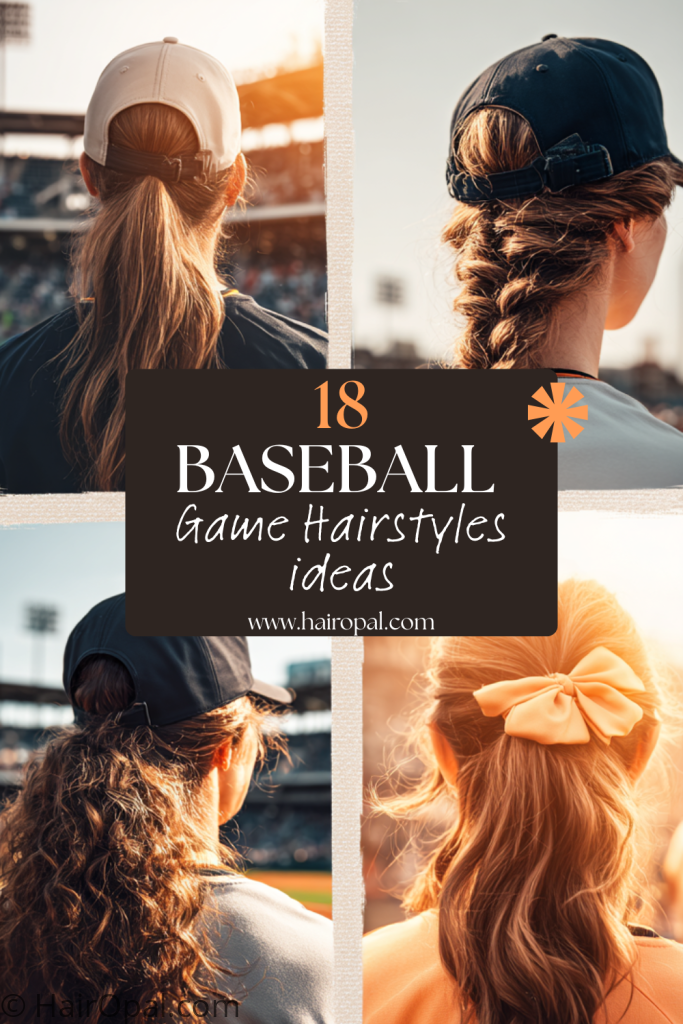 baseball game hairstyles collage — ponytail, braided half up, curly hair, bow hairstyle with cap