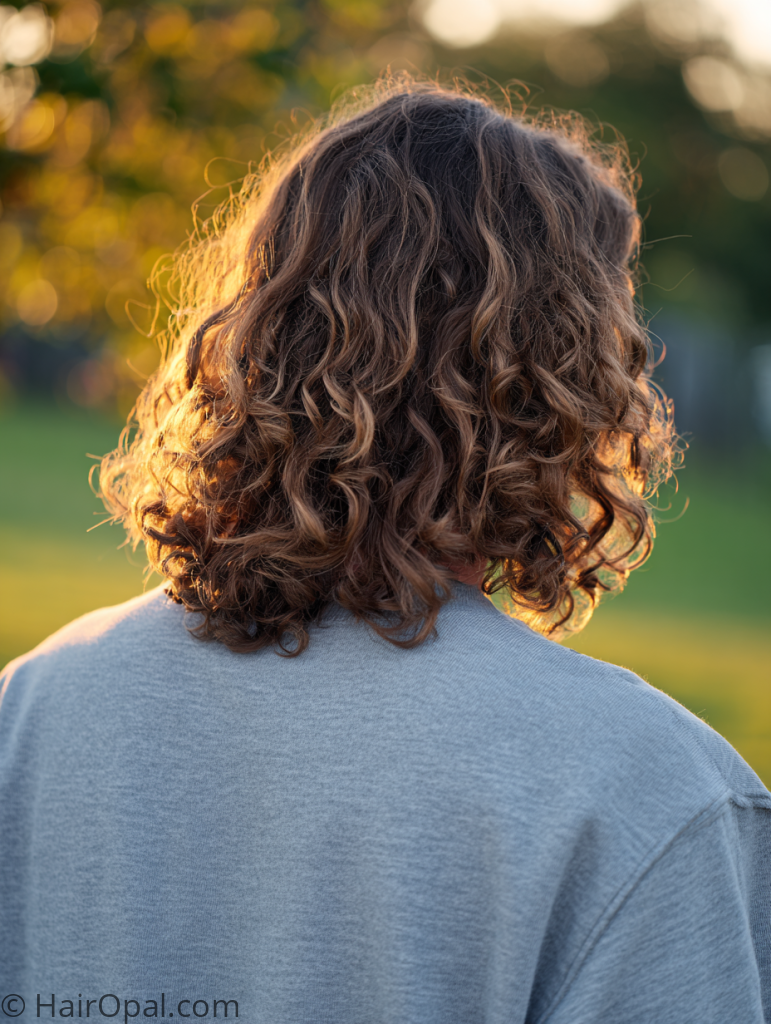 curly flow hairstyle men — natural curly flow hair past collar