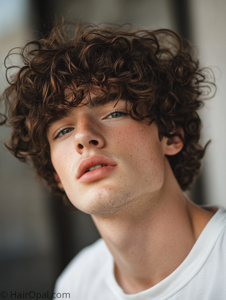 middle part curly flow hairstyle men curls falling both sides